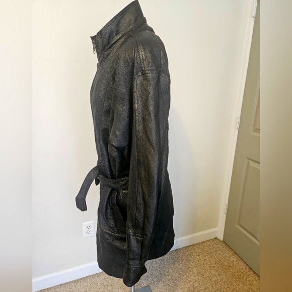 Black Belted Trench Coat with Stand-Up Collar - Picture 2 of 12
